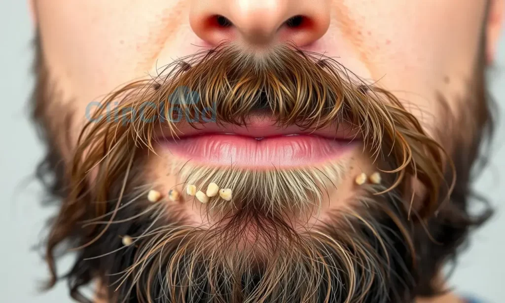 A close-up of a man's face showing natural hair strands falling out in small clumps from his beard, with visible scalp areas where hair has thinned, realistic skin texture, neutral lighting, no text or symbols