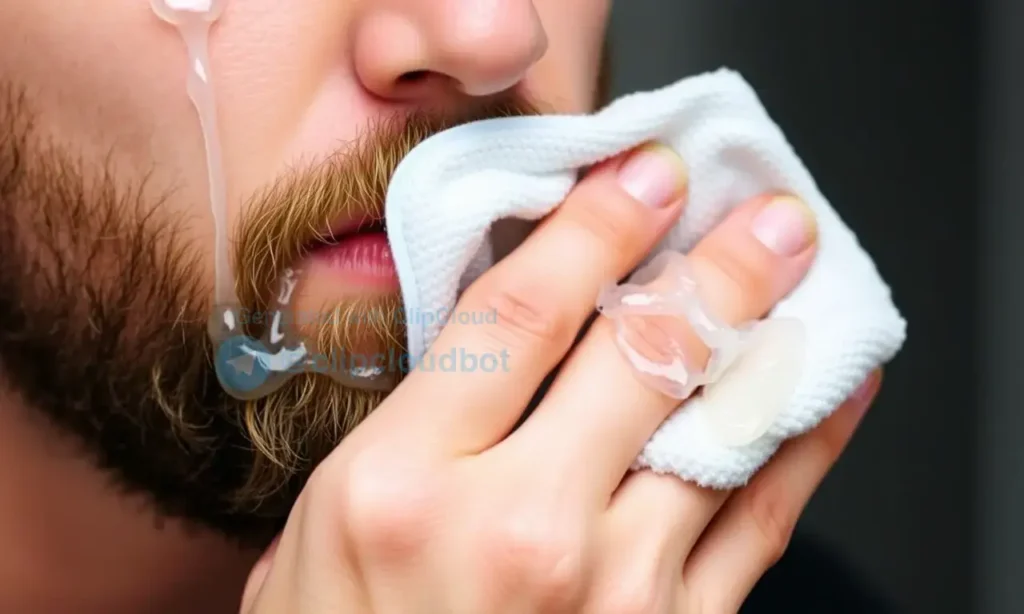 A person cleaning wax from their beard using a soft cloth and warm water, with a focus on the beard area and the removal process, no text or numbers visible
