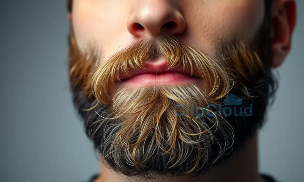 A close-up portrait of a man with a beard showing a natural gradient from dark roots to lighter tips, realistic skin texture, detailed facial hair strands, neutral background, soft lighting, no text or symbols