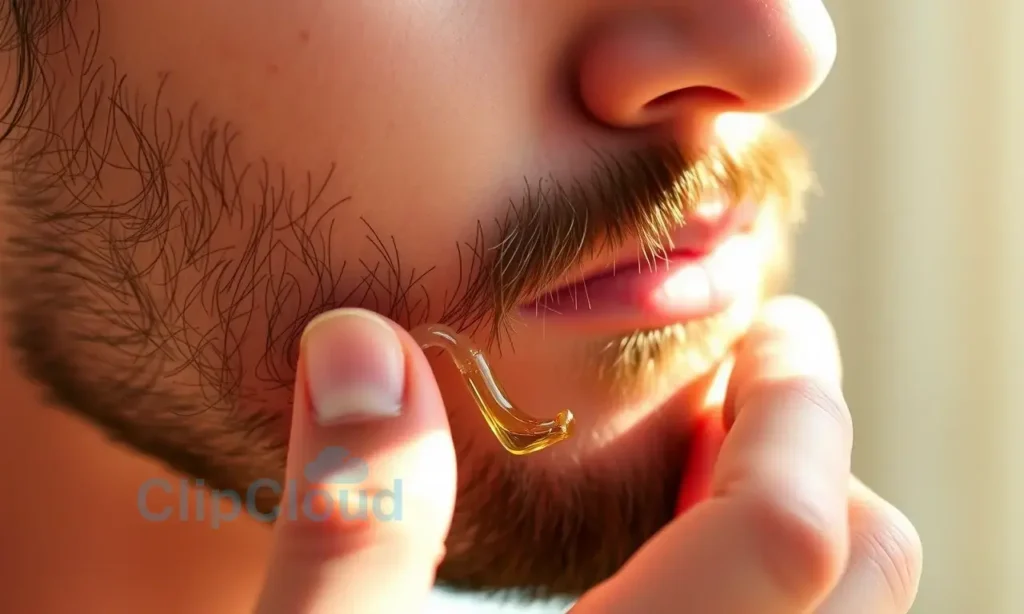 A close-up of a young man's face with early-stage beard fuzz, showing a gentle hand applying a small amount of beard oil or balm to soften the hair. The scene is bathed in warm, natural light, highlighting the texture of the fine beard hairs and the smooth, creamy product. The background is softly blurred to keep focus on the facial hair and the grooming action, conveying a calm, caring atmosphere.