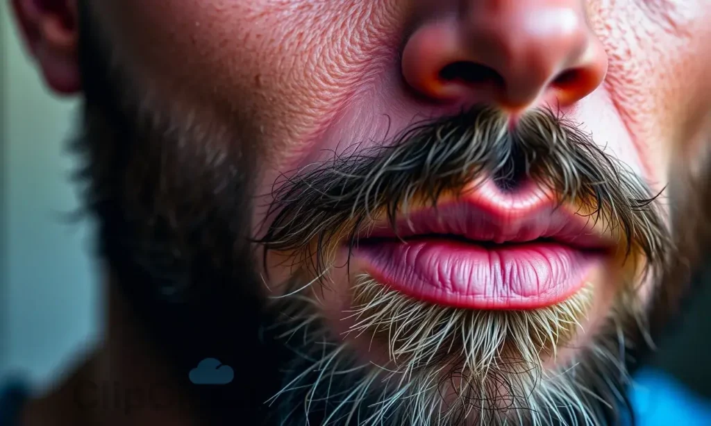 A close-up view of a man's face with a beard, showing darker skin under the beard compared to the surrounding facial skin, with subtle texture and natural lighting to highlight the contrast, no text or symbols visible