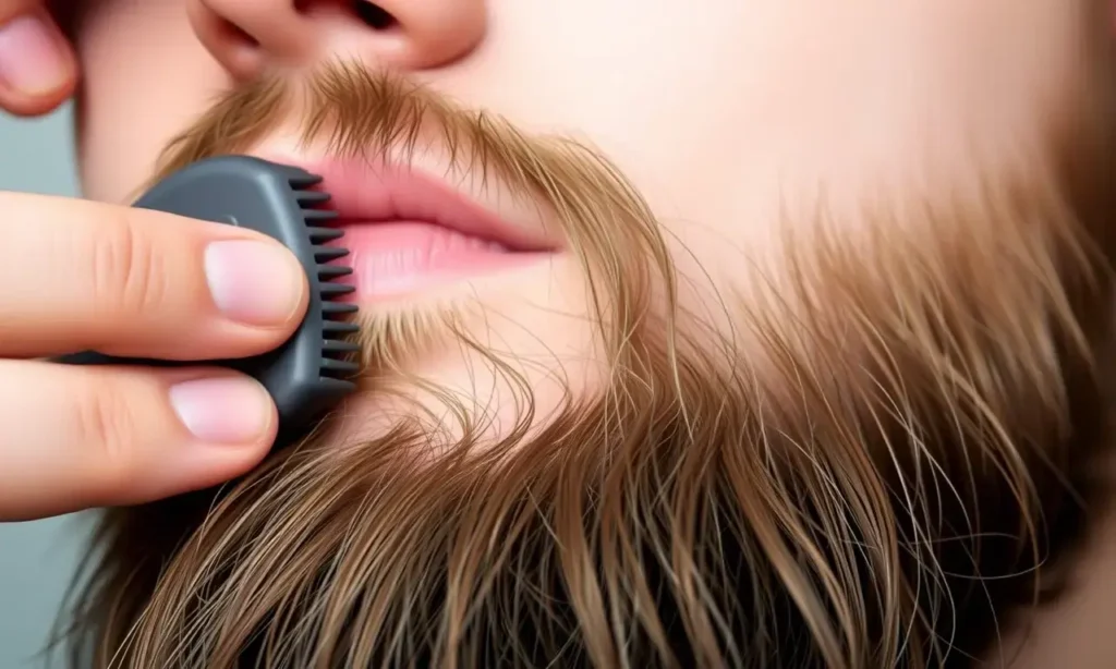 A close-up of a well-groomed man's beard being combed and styled with a brush and comb, showing smooth, neat beard lying flat and flowing naturally in different directions, high quality, 1280x720 resolution, realistic detail, natural lighting