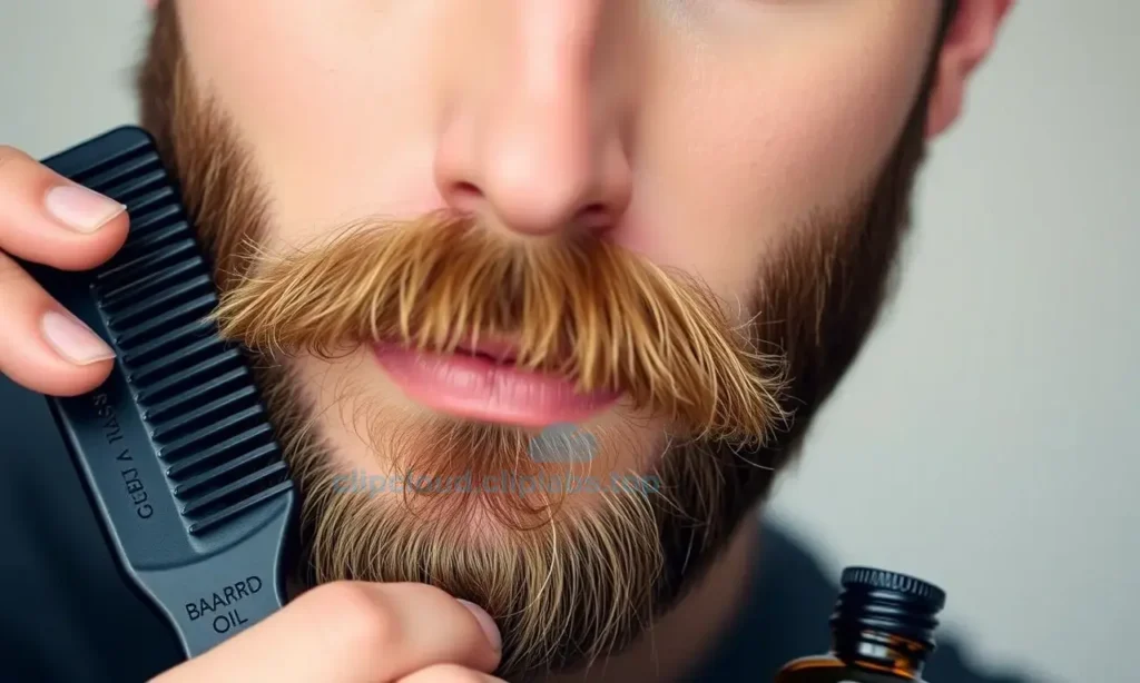 A close-up portrait of a man with a perfectly styled, tidy beard, showing a smooth, well-groomed facial hair texture. The man is holding a beard comb and a bottle of beard oil, with subtle lighting highlighting the neatness of the beard. The background is simple and blurred, focusing attention on the immaculate beard and grooming tools.