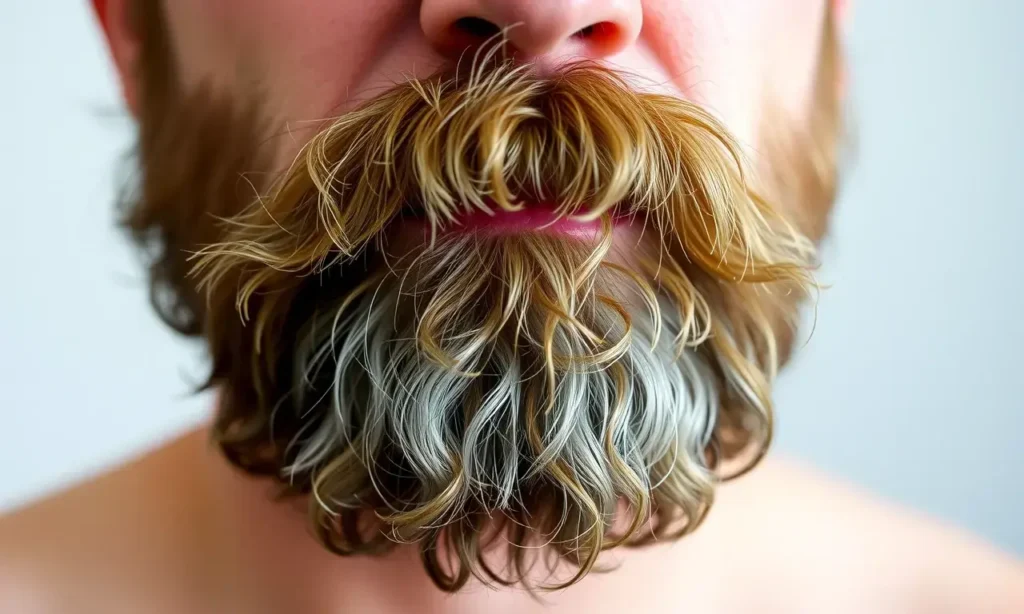 A close-up of a man's beard that appears fluffy and sticks out in various directions, showing the texture and uneven growth, with a clean background