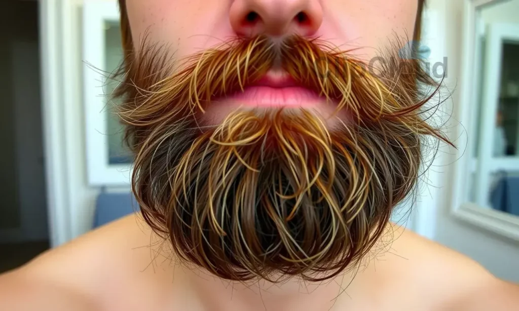 A close-up portrait of a man with a medium-length beard that appears disheveled and frizzy shortly after styling, showing uneven product distribution, stray hairs, and a slight oily sheen, with a subtle bathroom vanity background. The image highlights common styling mistakes that cause a beard to look unkempt.