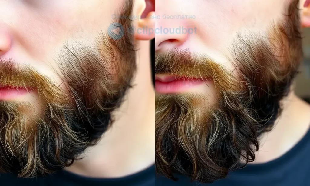 A close-up portrait of a man with a beard that appears sparse despite healthy growth, showing patchy areas and a subtle contrast to a fuller beard side by side, natural lighting, no text or lettering