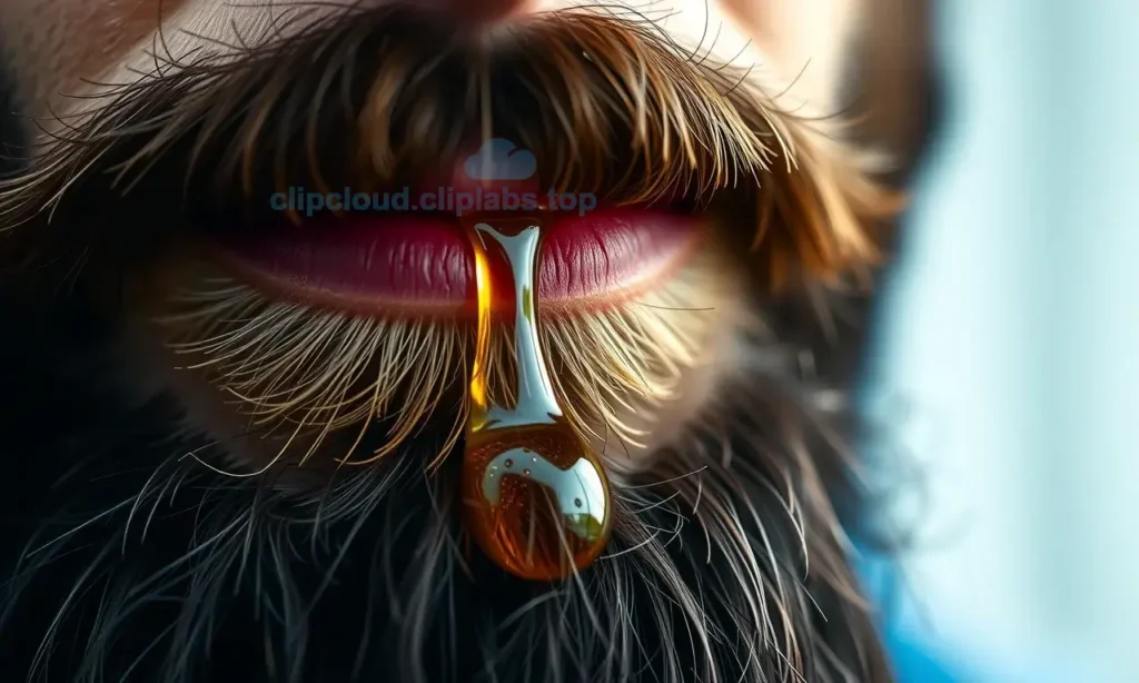 A close-up of a well-groomed man's beard with droplets of oil glistening on the hair, symbolizing nourishment and care from within, rendered in a realistic style with soft lighting and detailed texture, emphasizing healthy beard growth and maintenance