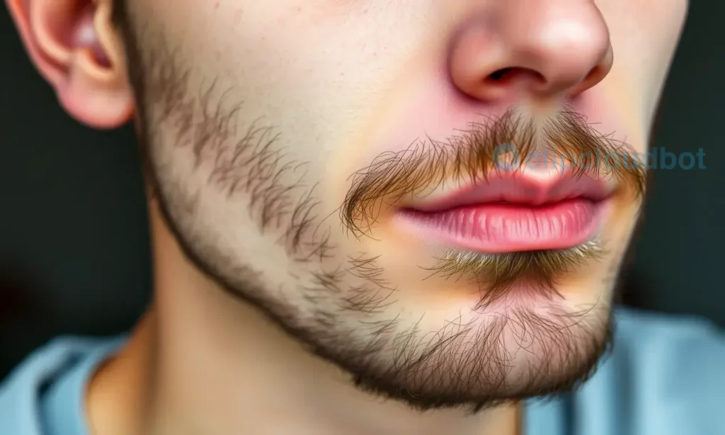 A close-up of a young man's face showing early-stage beard growth with coarse, prickly stubble, natural lighting, realistic skin texture, no text or symbols