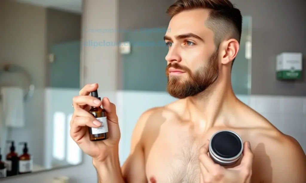 A clean, well-groomed man with a neatly trimmed beard, holding a small bottle of beard oil in one hand and a tin of beard wax in the other, standing in a modern bathroom with soft natural lighting, minimalistic decor, and a mirror reflecting his profile, conveying a sense of personal care and grooming routine
