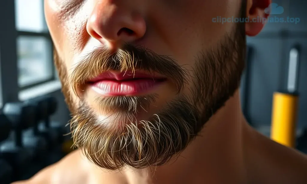 A close-up of a man's face with a well-groomed beard, showing light sweat droplets on the skin and facial hair after a workout, with a clean gym background featuring blurred exercise equipment like dumbbells and a yoga mat, natural daylight from a window, healthy skin texture, no irritation or redness, realistic lighting and detail