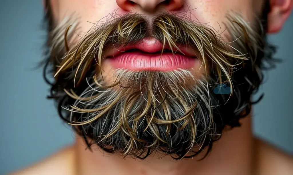 A close-up portrait of a man with a short, unevenly growing beard that appears patchy and clumpy, showing visible skin between sparse hair strands, natural lighting, realistic skin texture, neutral background, focus on beard irregularities