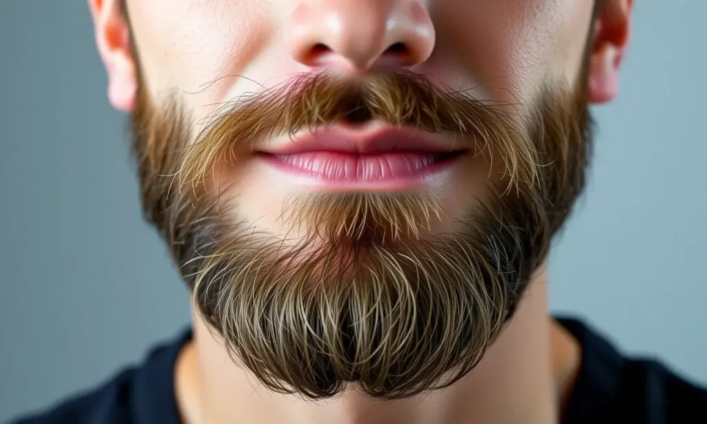 A close-up portrait of a man with a well-groomed beard showing darker roots and lighter tips, natural lighting, realistic skin texture, detailed beard strands, neutral background, no text or symbols