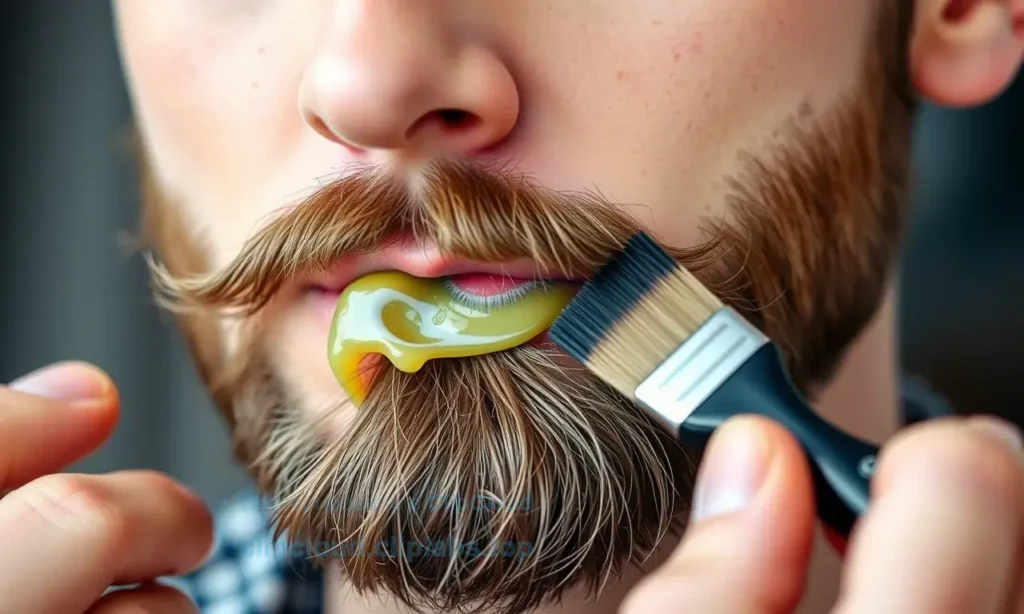 A professional barber applying beard wax to a well-groomed male model's mustache and beard, close-up view showing precise application technique with wax brush, natural lighting, realistic skin texture and hair strands, focus on proper dosage amount visible on brush