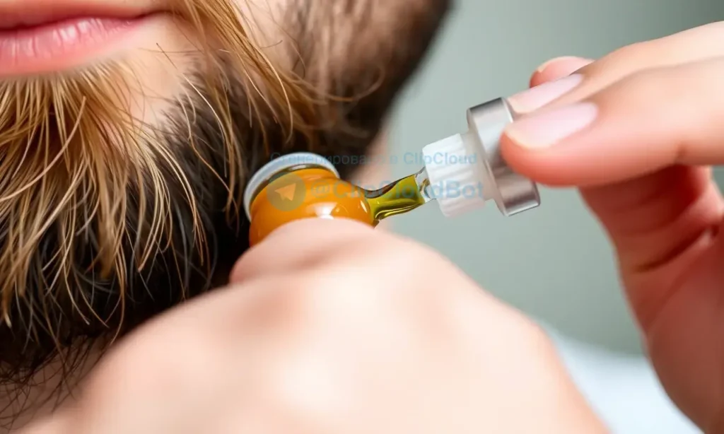 A close-up of a well-groomed beard with natural hair oil being gently applied using fingertips, showing subtle shine and healthy texture, soft natural lighting, shallow depth of field, realistic skin and hair detail, no text, no labels, no products visible, just beard and hand in focus