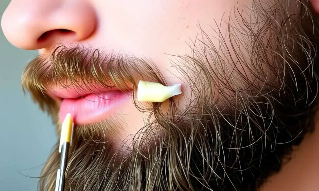 A close-up of a well-groomed man's beard with a small amount of beard wax applied, showing the wax being evenly distributed and shaped into a neat style, natural lighting, realistic detail, no text or symbols on the image