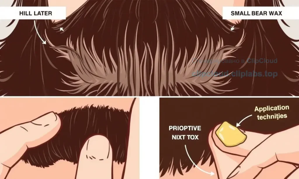 A close-up illustration showing a man's beard with individual hairs visibly glued together by a thin layer of clear beard wax, demonstrating proper application technique with a small amount of wax on fingertips, set against a clean background with subtle instructional elements like measurement indicators or dosage guidelines, in the style of a clear educational infographic