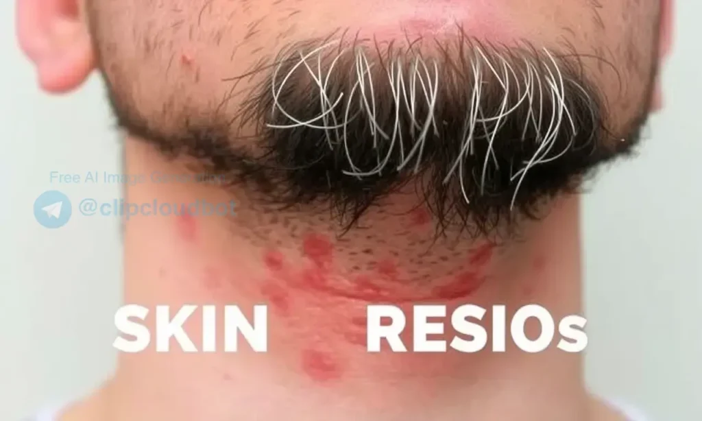 A close-up of a person's chin and jawline with visible skin irritation, redness, and tightness under the beard. The skin appears inflamed, with small bumps and dry patches. The background is neutral, focusing on the facial area. No text or numbers present.