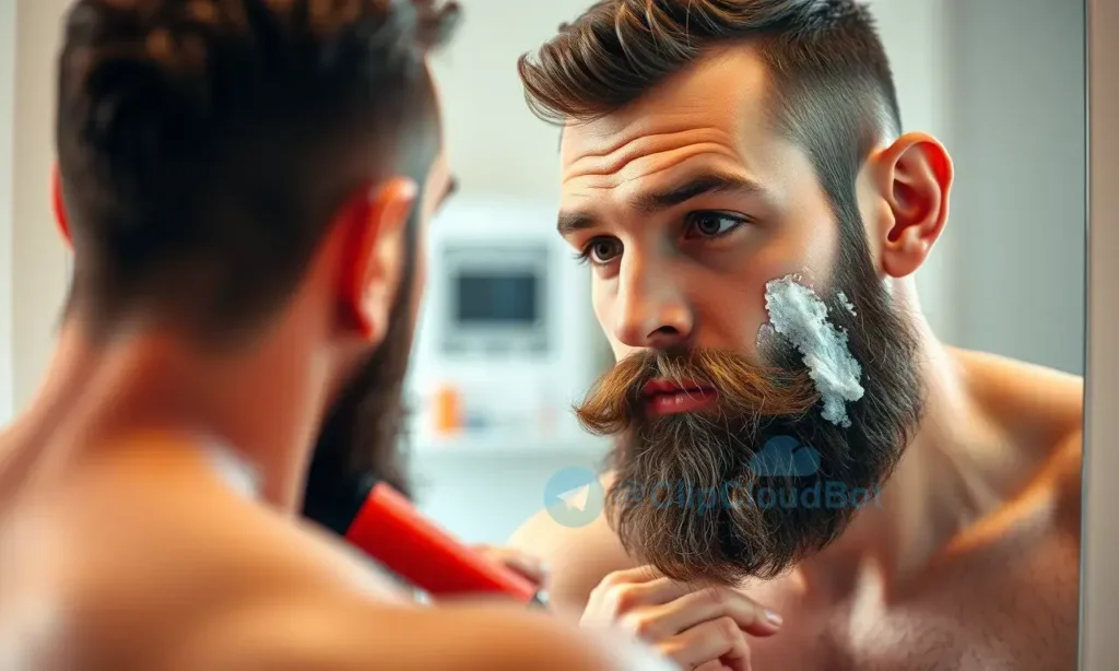 A man with a full beard looking at his reflection in a mirror after shaving, showing sparse patches where the beard is growing back, realistic style, detailed facial features, natural lighting, close-up shot