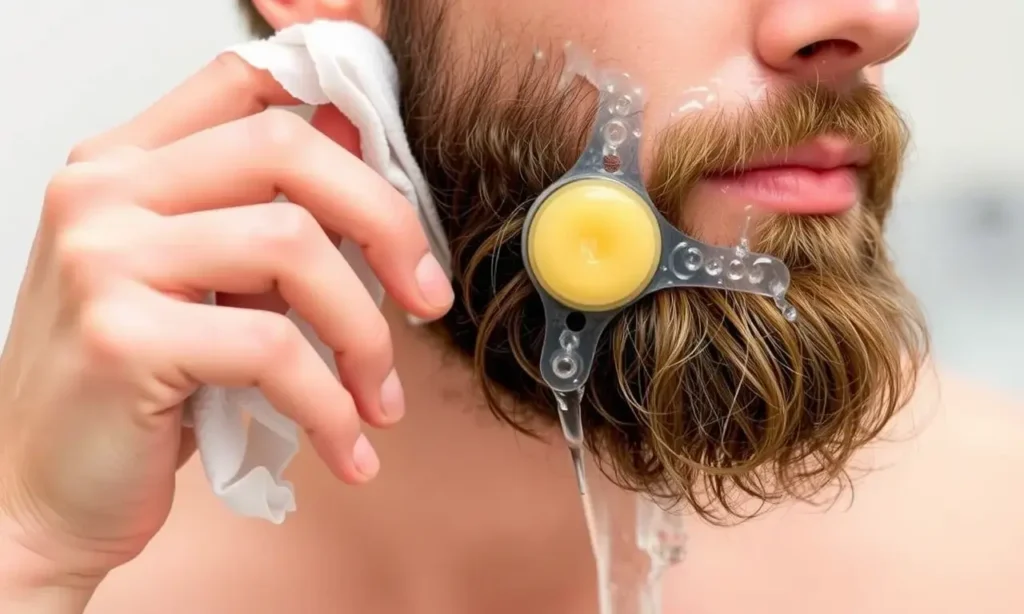 A person cleaning wax from their beard using a soft cloth and warm water, with a focus on the beard area and the removal process, ensuring no wax residue remains. The scene should be clean, hygienic, and focused on the beard and hands.