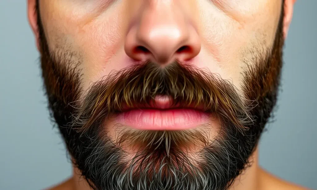 A close-up of a man's face with oily skin and a thick, well-groomed beard, showing natural texture and shine on the skin, soft lighting highlighting facial hair density, no textured skin with visible pores and slight oil sheen, healthy dark beard growing evenly across cheeks, jawline, and neck, subtle stubble blending into fuller growth, realistic skin and hair detail, neutral background, no text, no logos, no symbols