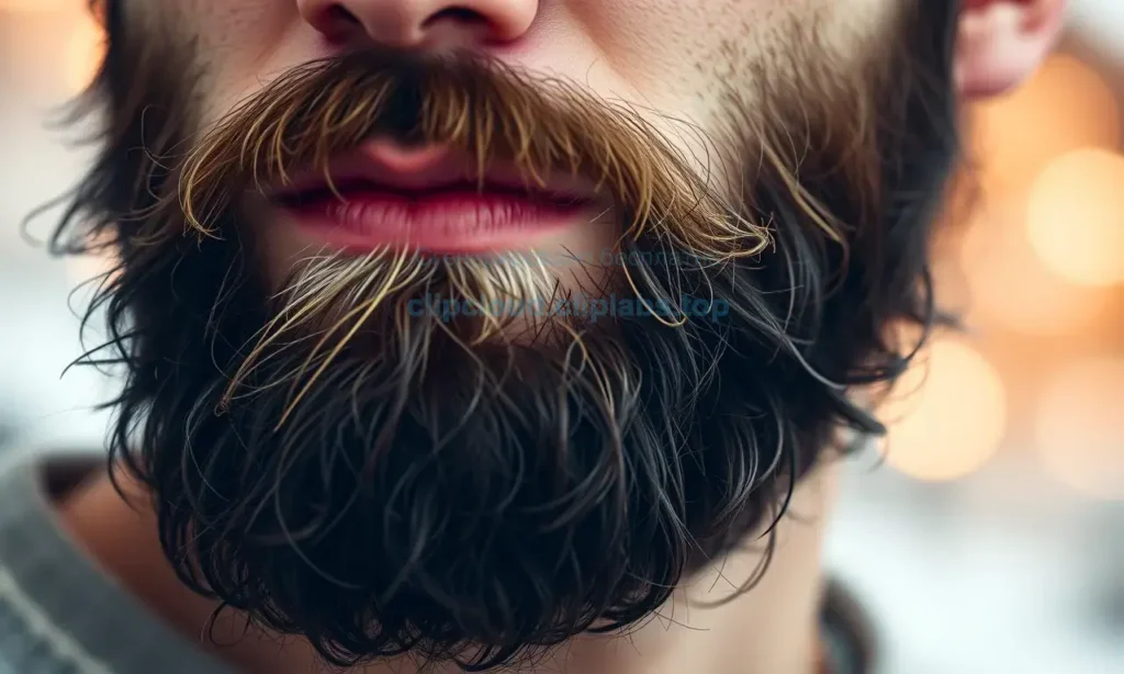 A close-up of a well-groomed beard with healthy, moisturized facial hair, showing subtle natural shine and no signs of dryness or brittleness. The background is softly blurred with winter elements like faint snowflakes or frosted glass texture, suggesting cold weather. Warm, soft lighting highlights the beard’s texture and health. No text, logos, or people visible.