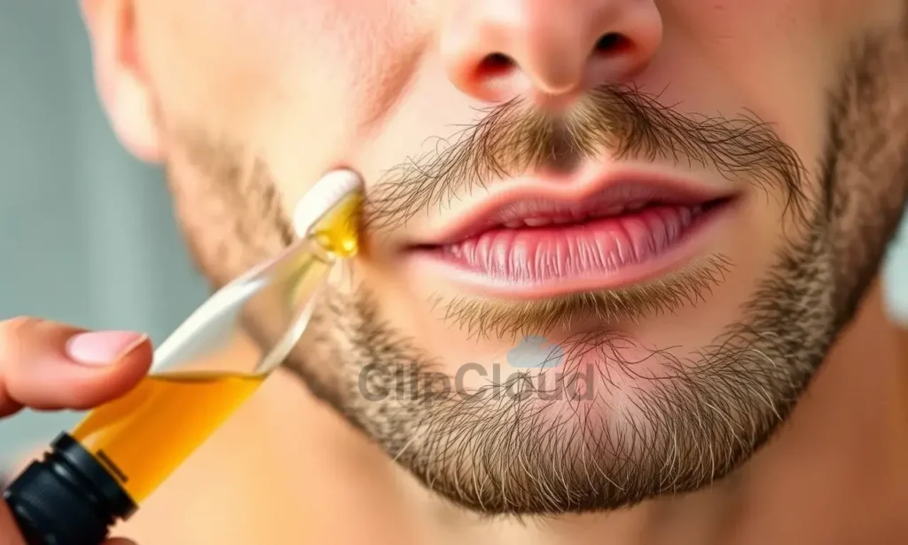 A close-up of a man's face during the early stage of beard growth, showing soft, short stubble being gently moisturized with beard oil, natural skin texture, warm lighting, realistic skin pores, no visible irritation, focus on the jawline and chin area, subtle beard brush in the background, calm and natural expression
