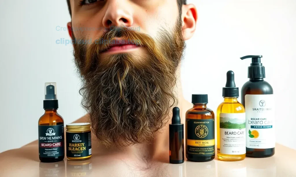 A clean, well-groomed man with a healthy-looking beard growing on dry and sensitive skin, surrounded by five natural beard care products (oils, balms, moisturizers) in a clean, minimalist setting, soft natural lighting, high detail, medical or skincare context