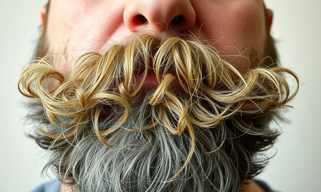 A close-up of a man's face with a fluffy, unkempt beard sticking out in various directions, showing individual hairs curling and frizzing due to dryness or static, soft natural lighting, realistic skin texture, neutral background