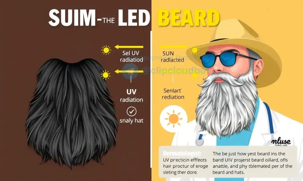 A detailed infographic showing the science of sun-bleached beard hair with a split comparison: left side shows a healthy dark beard, right side shows a sun-bleached lighter beard, with arrows indicating UV radiation effects on hair pigment, alongside a dermatologist explaining protection methods like UV-protective beard oils and hats, all in clear educational style