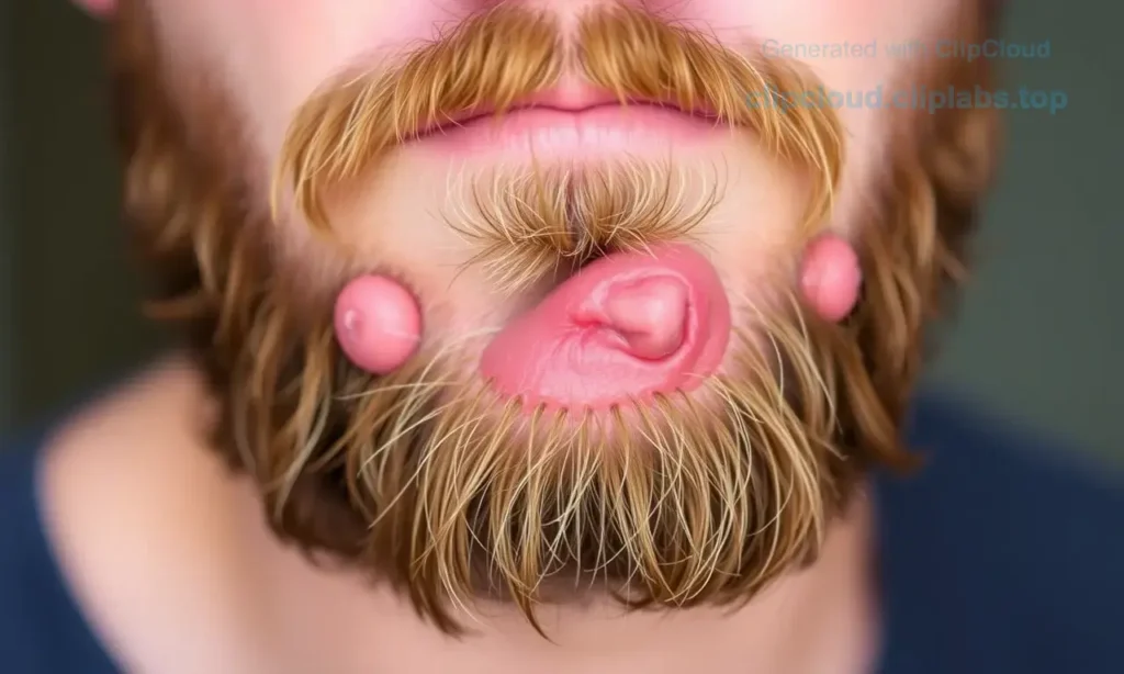 A man's beard with visible ingrown hairs, showing redness, irritation, and small bumps. The image should depict a close-up view of a beard with some hairs growing inward, causing skin inflammation and minor swelling. Include natural skin texture and realistic lighting to emphasize the condition.