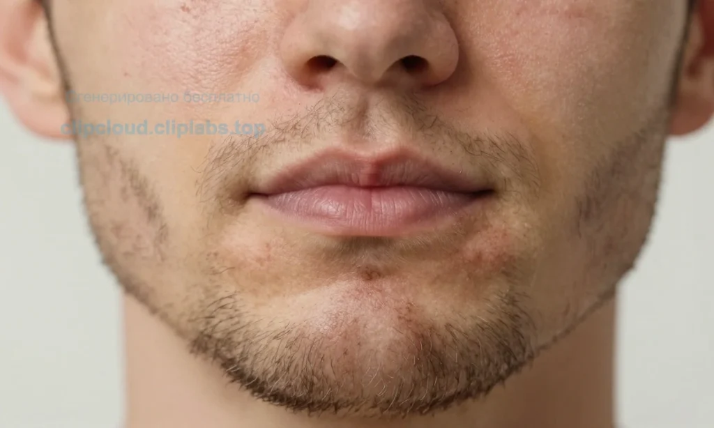A close-up of a man's face with beard showing dry, flaky skin underneath after a shower, soft natural lighting, realistic skin texture, no text or symbols, focus on skin condition under facial hair