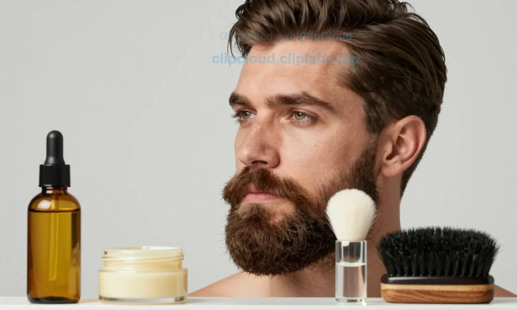A well-groomed man with a neatly styled beard, showcasing different beard care products such as beard oil, balm, and brush. The beard should appear smooth and well-maintained, demonstrating the effectiveness of proper beard care.