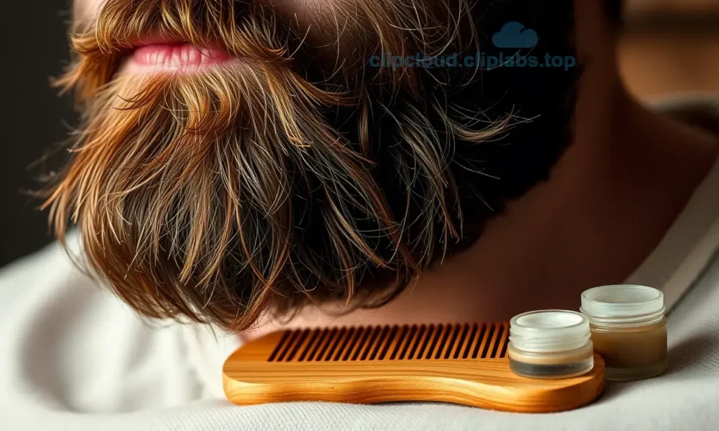 A close-up of a man's face with a thick, coarse beard showing signs of irritation and dryness, with visible flaky skin underneath and stiff, prickly hairs. The skin beneath the beard appears red and sensitive. In the foreground, natural beard care products are arranged: a bottle of beard oil, a wooden comb, and a small jar of beard balm, all placed on a soft linen cloth. Warm, soft lighting highlights the texture of the beard and skin, emphasizing the need for proper skincare underneath. No text