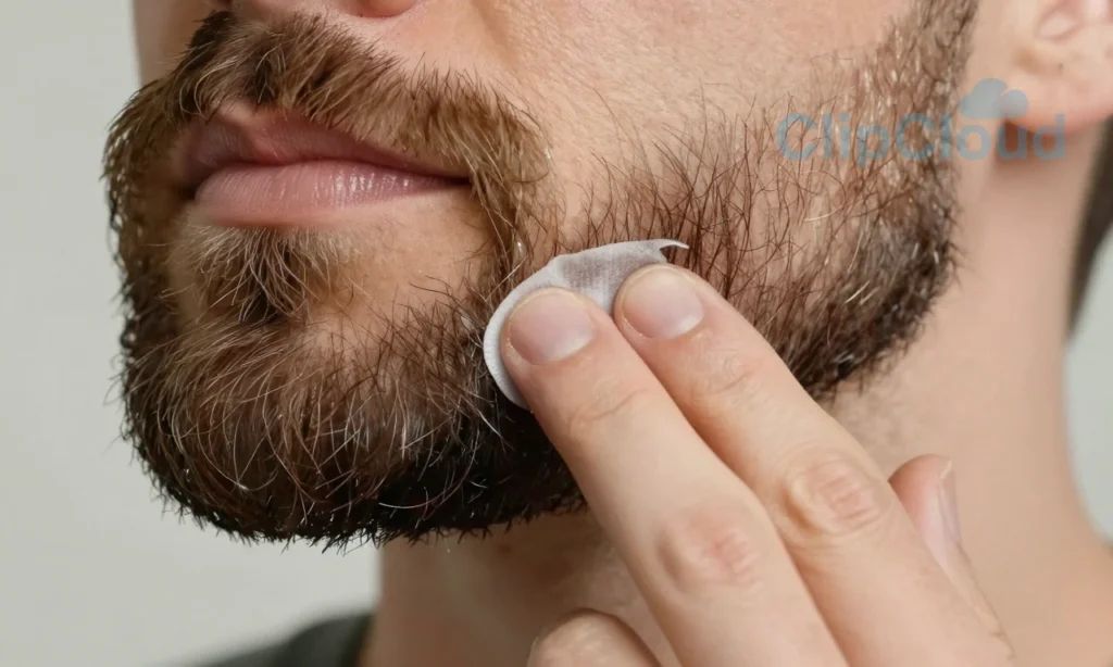 A close-up of a well-groomed beard with visible texture and natural shine, showing proper application of beard wax — fingers gently shaping the beard hairs into a neat, defined style without clumping or greasiness, soft natural lighting highlighting the healthy hair strands, background blurred to emphasize the beard, realistic skin texture visible at the jawline, no text, no labels, no products visible, no signs of wax failure or messiness