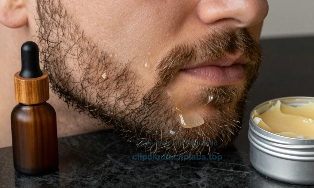 A close-up of a well-groomed beard with visible texture, showing both beard oil and beard wax applied side by side on different sections of the facial hair — one side glistening with light oil droplets, the other with a matte, sculpted hold from wax. A small wooden dropper and a tin of wax sit neatly on a dark marble surface beside the beard, with soft natural lighting highlighting the contrast in finish and texture. No text, labels, or symbols appear in the image.