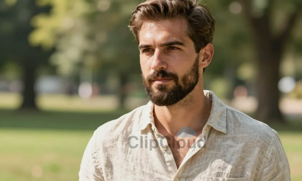 A well-groomed man with a neatly trimmed beard standing outdoors in warm sunlight, wearing a light linen shirt, with subtle droplets of sweat visible on his forehead but none on his beard, emphasizing freshness and cleanliness; background shows a blurred summer park with green trees and soft sunlight, conveying a sense of cool comfort and proper beard care in heat