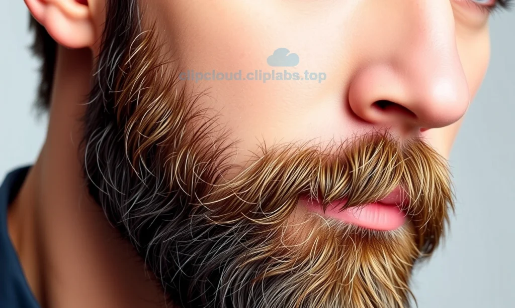 A close-up portrait of a man with a well-groomed, clean beard. The beard should appear soft, shiny, and neatly trimmed. The man should have a confident and relaxed expression, showcasing the cleanliness and health of his beard. The background should be neutral and uncluttered to keep the focus on the beard.