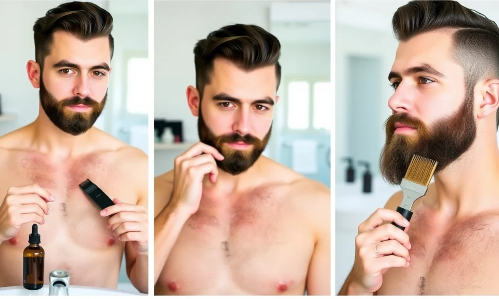 A well-groomed man with a neatly trimmed beard, showcasing different stages of beard growth from stubble to full beard. The image should include visual steps for beard preparation such as using beard oil, combing, and trimming tools. The setting should be a clean, well-lit bathroom or grooming area with essential grooming products visible.