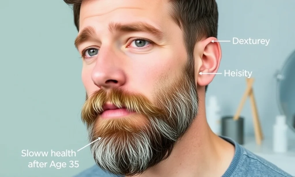 A mature man with a full beard showing slow growth after age 35, with visual indicators of beard health like density and texture, set against a clean background with subtle medical or grooming elements like a mirror, comb, or skincare products, conveying practical beard care advice