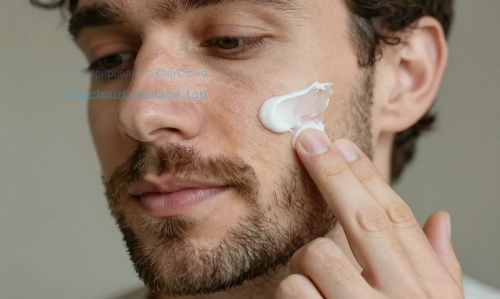 A close-up portrait of a man with a beard, showing dry, sensitive skin, with a gentle skincare routine such as applying a moisturizing balm, in a calm, natural setting