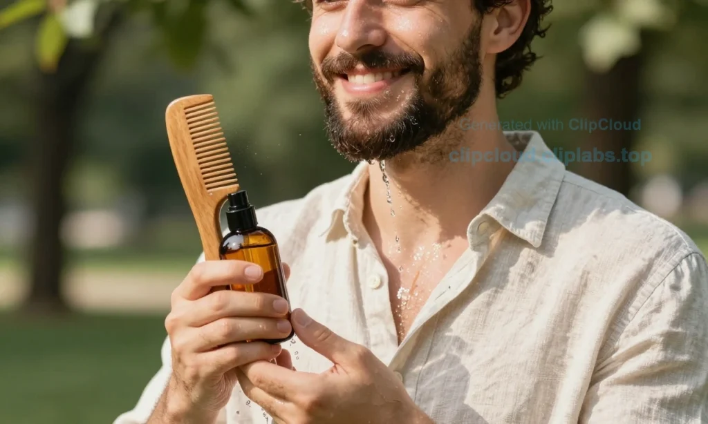A well-groomed man with a neatly trimmed beard stands outdoors in warm sunlight, smiling gently. He is wearing a light-colored linen shirt, and his beard is clean, moisturized, and free of sweat or odor. Nearby, a small bottle of beard oil, a wooden comb, and a splash of water on his chin suggest active care. The background shows a blurred summer park with green trees and soft sunlight filtering through leaves. No text, signs, or words appear in the image.