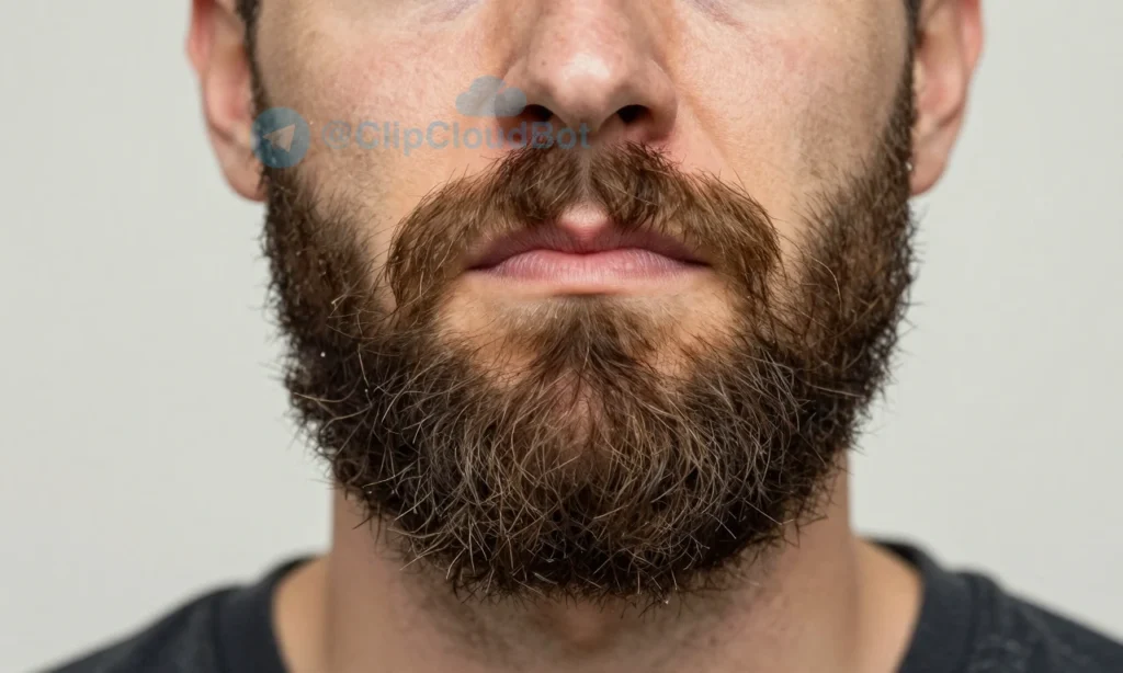 A close-up of a man with a thick, coarse beard that appears rough and prickly. The beard should be depicted in a natural, unkempt state to emphasize its stiffness and coarseness. The man's facial expression should show slight discomfort or irritation, highlighting the issue of the beard being harsh and scratchy. The background should be neutral and simple, focusing attention on the beard and the man's expression.