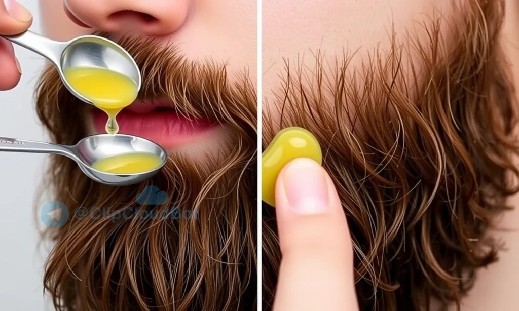 A close-up of a man’s beard being styled with beard wax, showing a small measuring spoon or dropper indicating proper dosage, with hair strands visibly gluing together, set against a neutral background.