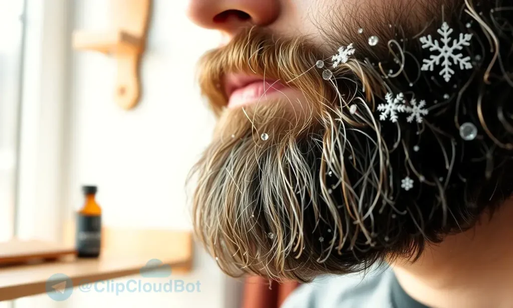 A close-up of a well-groomed beard in winter, showing healthy, moisturized facial hair with subtle frost or snowflakes gently resting on the strands, soft natural daylight from a window, warm indoor background with a wooden shelf holding beard oil and a comb, no text, no logos, no people visible, focus on texture and hydration of the beard