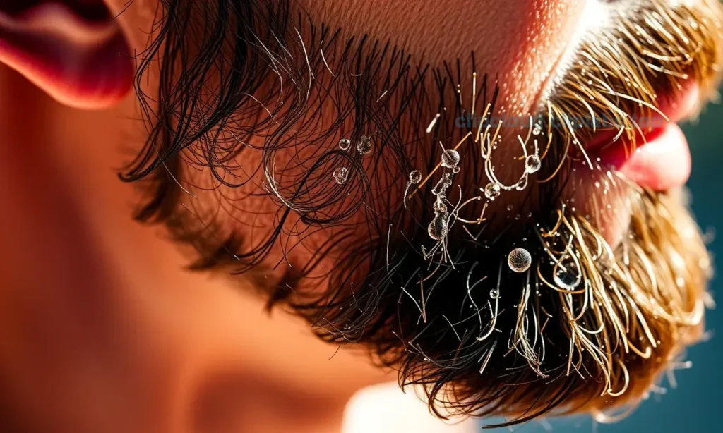 A close-up of a well-groomed beard on a man's face in hot weather, with subtle droplets of sweat being repelled by a light beard oil or balm, soft natural sunlight highlighting the texture of the facial hair, clean and fresh appearance, no visible odor lines or symbols, realistic skin and hair detail, warm but not harsh lighting, focus on hygiene and care in summer heat