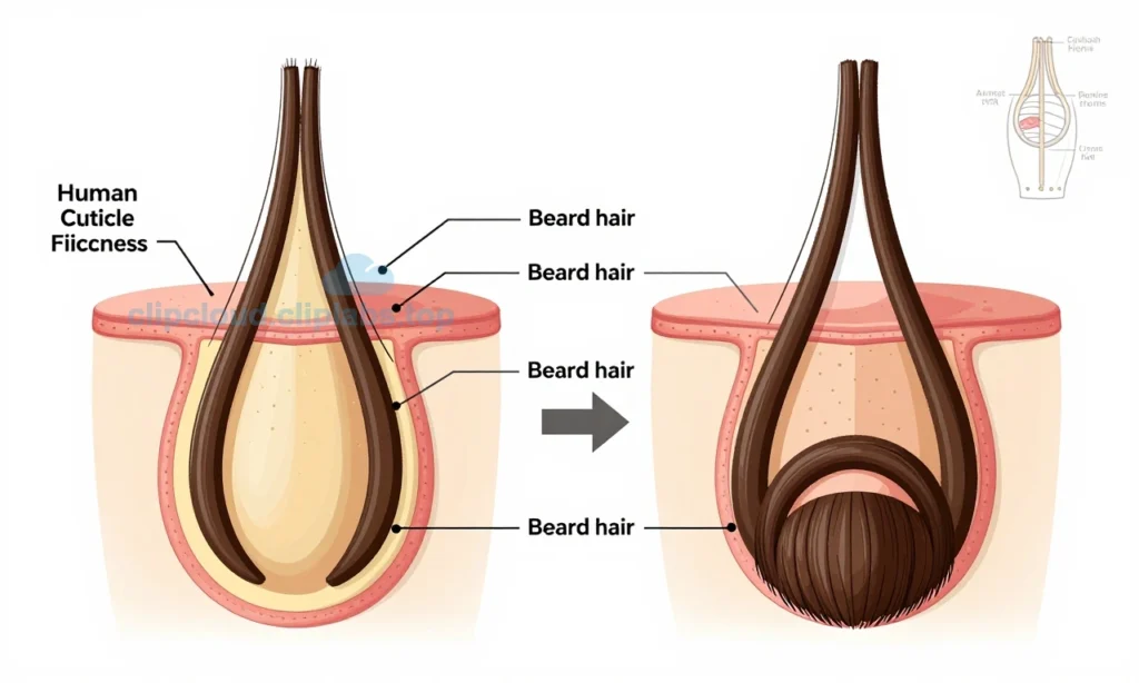 A detailed infographic-style illustration comparing human scalp hair and beard hair, showing cross-sections of both hair types with labels highlighting structural differences like cuticle thickness and follicle shape, set against a clean white background with scientific diagrams and anatomical accuracy