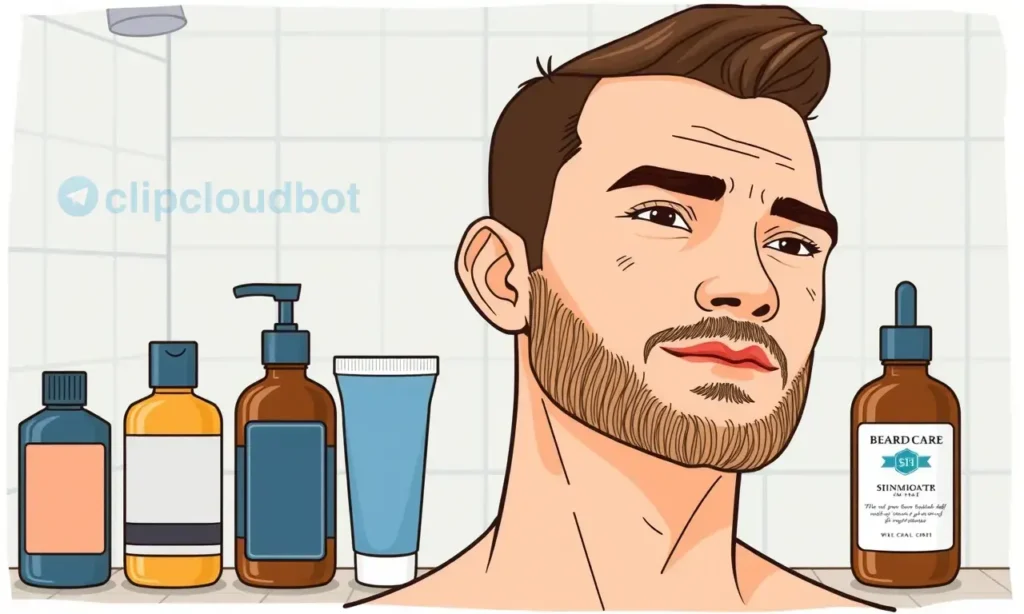 A clean, well-groomed man with a short, neatly trimmed beard demonstrating proper beard care, showing smooth skin without irritation, with five different beard care products (oil, balm, wash, moisturizer, exfoliant) arranged neatly beside him in a tidy bathroom setting, soft natural lighting, realistic illustration style, clear focus on the beard and skin condition, no text or labels on products