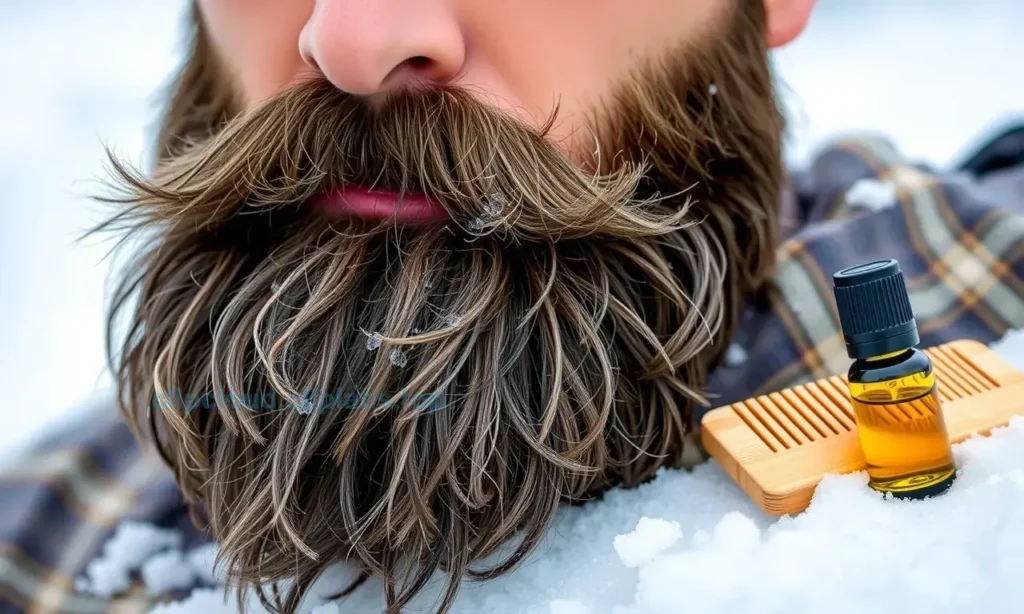 A close-up of a well-groomed beard in winter, showing healthy, moisturized facial hair with subtle frost glistening on the tips, set against a soft snowy background. The beard is thick, neatly trimmed, and appears hydrated and smooth, with natural lighting highlighting its texture. A wooden beard comb and a small bottle of beard oil rest gently nearby on a snow-covered surface. No text, logos, or people visible.
