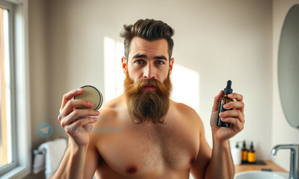 A well-groomed man with a full, healthy beard standing in soft morning light near a window, holding a small tin of beard wax in one hand and a dropper bottle of beard oil in the other, with a wooden bathroom counter behind him showing a towel, comb, and sink — warm, natural lighting, realistic skin and hair texture, no text or labels visible