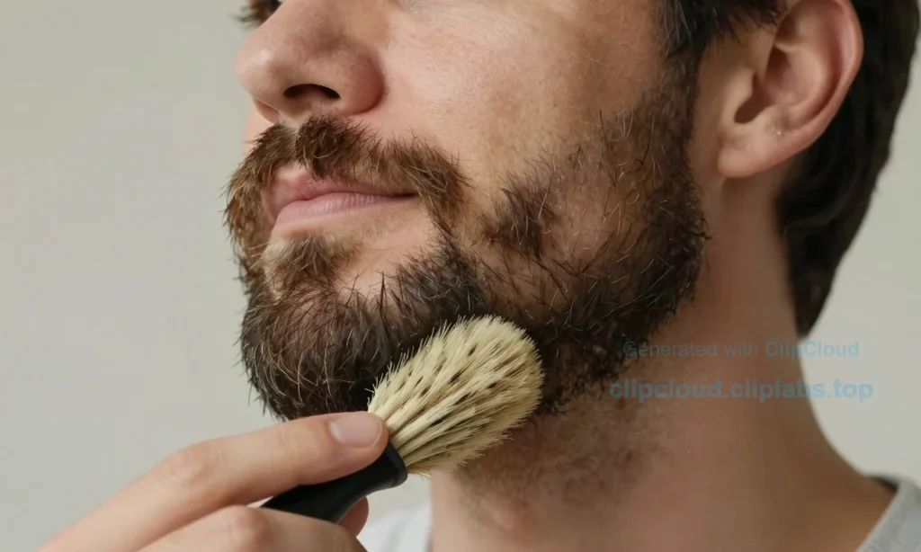 A close-up of a man with a thick, coarse beard that appears slightly unruly. The beard is being gently stroked with a soft-bristled beard brush, emphasizing the process of softening and grooming. The man's face shows a calm and relaxed expression, highlighting the comfort and care involved in the grooming routine. The background is neutral and uncluttered, focusing on the beard and the grooming process.